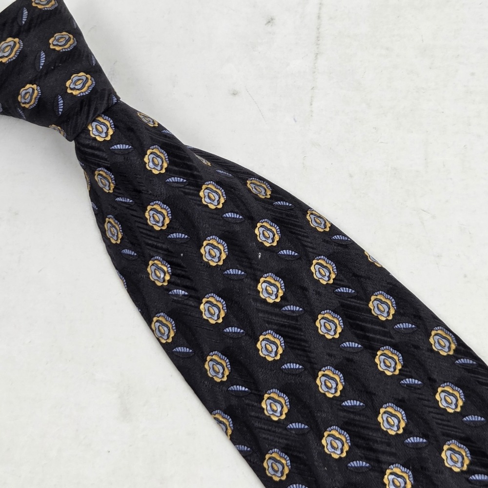 Jos A Bank 100% Silk Tie Men's Black w/ Blue Gold Geometric AOP Necktie Italy